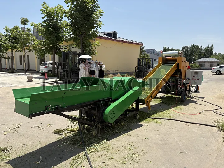 The bale wrapper and chaff cutter are connected in tandem; the chaff cutter processes large chunks of dry hay, straw, and similar materials into finely chopped fragments, which are then conveyed directly onto the bale wrapper's conveyor belt.