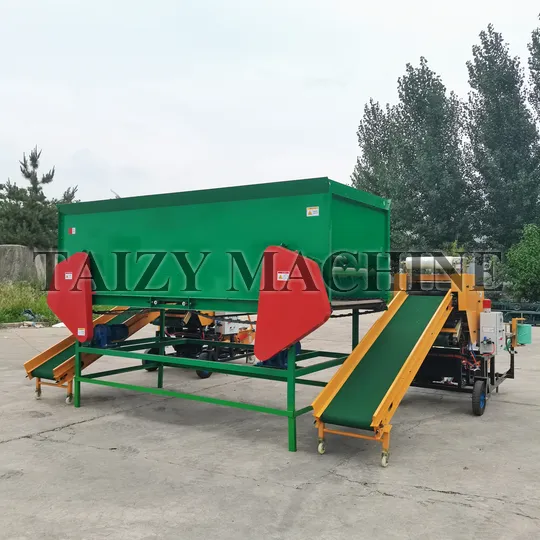 Position the baler-wrapper at the discharge outlet of the batch bin; a single batch bin can be connected to two baler wrappers simultaneously.