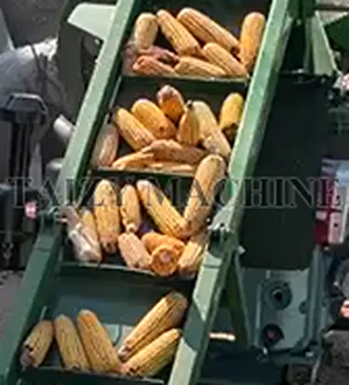 The conveyor belt is equipped with anti-slip baffles that help hold corn cobs securely during transportation. This design prevents the cobs from rolling back or falling off the belt, ensuring smooth and continuous feeding into the corn thresher sheller machine while improving overall working efficiency.