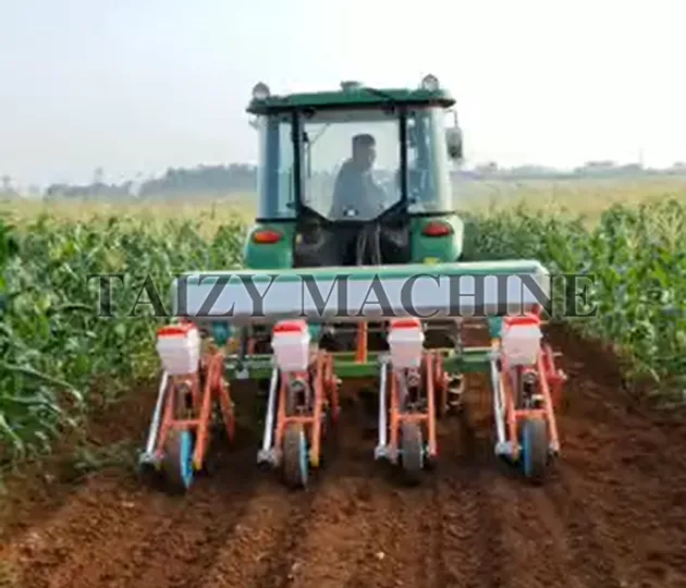 The tractor mounted multi-row corn planting machine operating in a maize field. The machine is connected to a tractor and is planting seeds in straight, evenly spaced rows, demonstrating efficient mechanized seeding in agricultural production.
