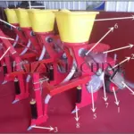 The corn seeder machine planter mainly consists of the following components: frame, windproof fertiliser ditch opener, seeding assembly, transmission system, and fertiliser box assembly.