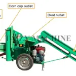 The corn thresher sheller machine is designed with a simple but efficient structure that allows continuous and high-speed maize processing. It mainly includes a conveyor, a dust outlet, a corn cop outlet, corn kernels conveying pipe.
