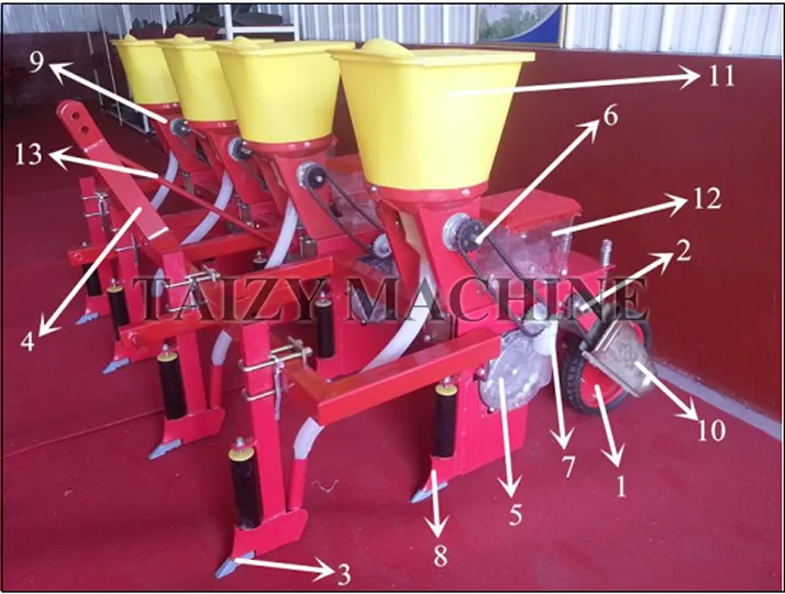 The corn seeder machine planter mainly consists of the following components: frame, windproof fertiliser ditch opener, seeding assembly, transmission system, and fertiliser box assembly.